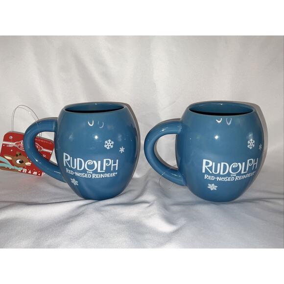 NWT BIOWORLD RUDOLPH RED NOSED REINDEER CHRISTMAS BLUE 16 Oz MUG CUP SET/2 - Picture 3 of 7